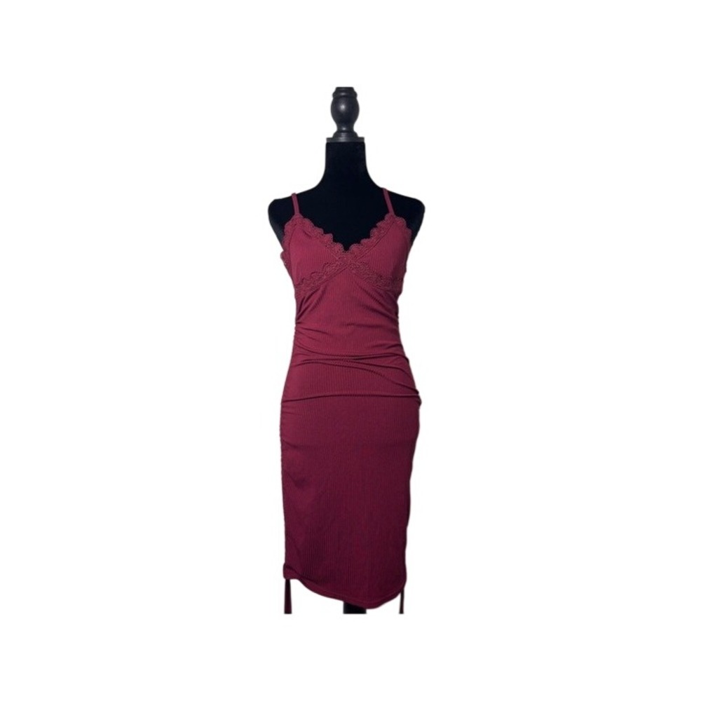 Romwe Burgundy Ribbed Lace Trim Ruched Drawstring Bodycon Dress Small